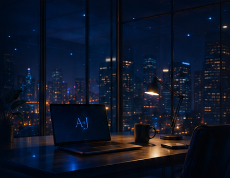 Oficina de Aldo Jara Pisconti de noche con laptop encendida mostrando sus iniciales A.J. y ventanas con vistas a la ciudad